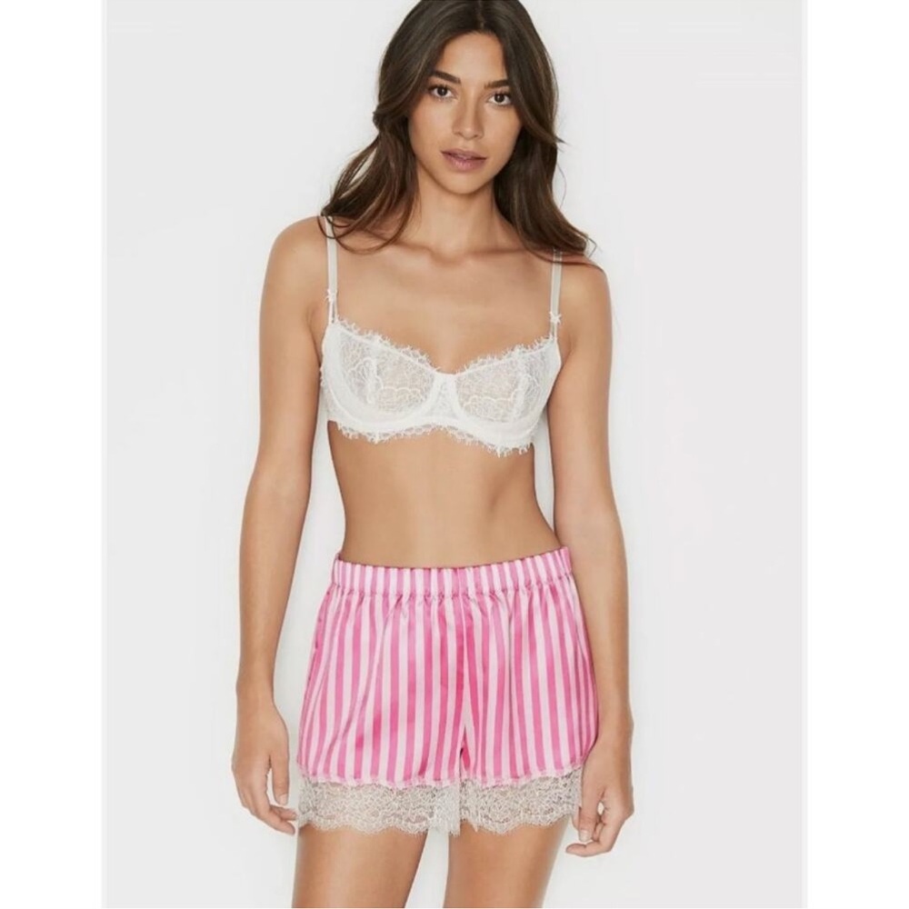 VICTORIAS SECRET Pink White Stripe Lace Pajama Shorts Women’s Medium NWT